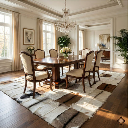 Genuine Goatskin Patchwork Rug with Gold Trim – Handmade Luxury Hide