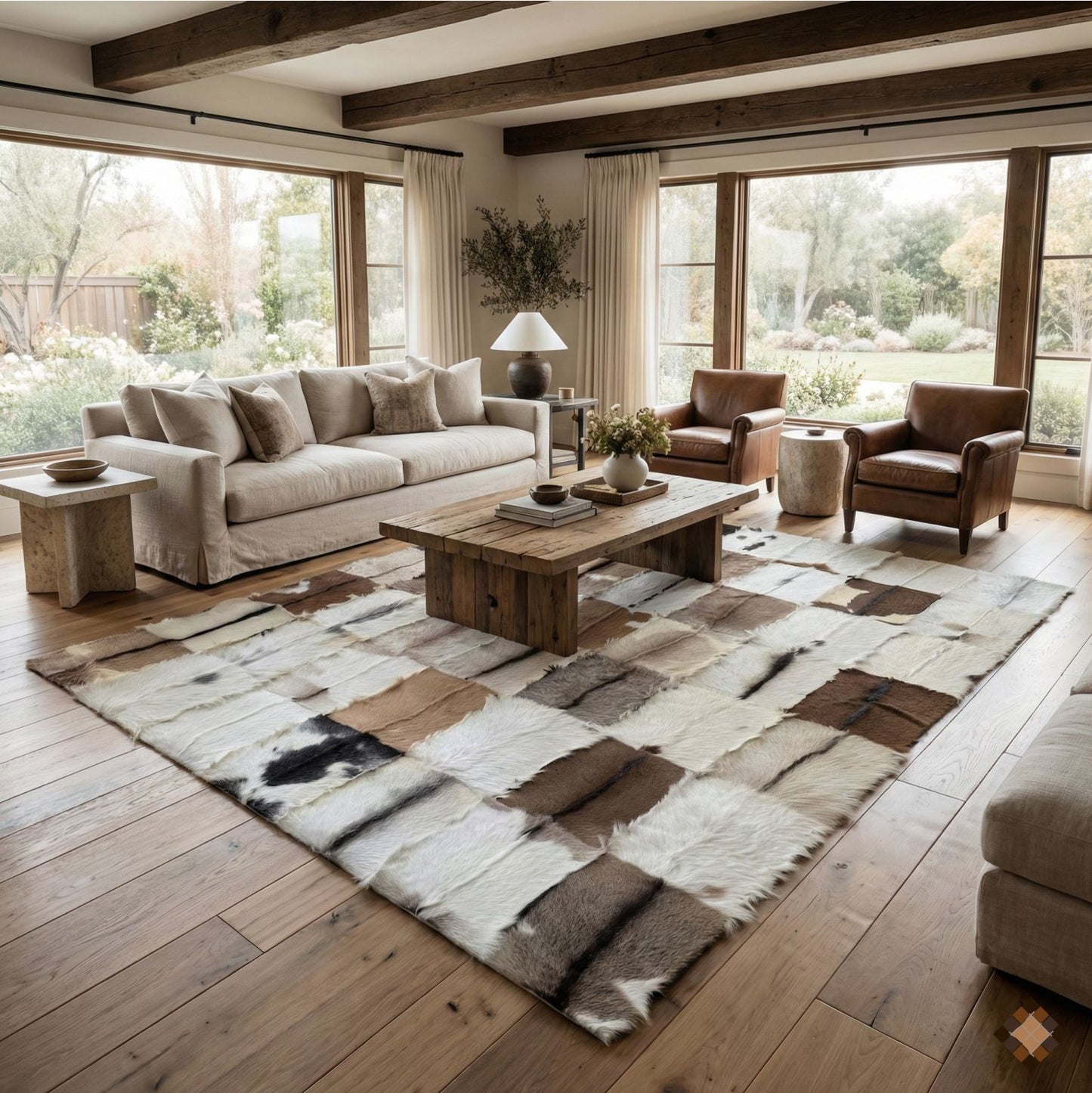 Genuine Goatskin Patchwork Rug with Gold Trim – Handmade Luxury Hide