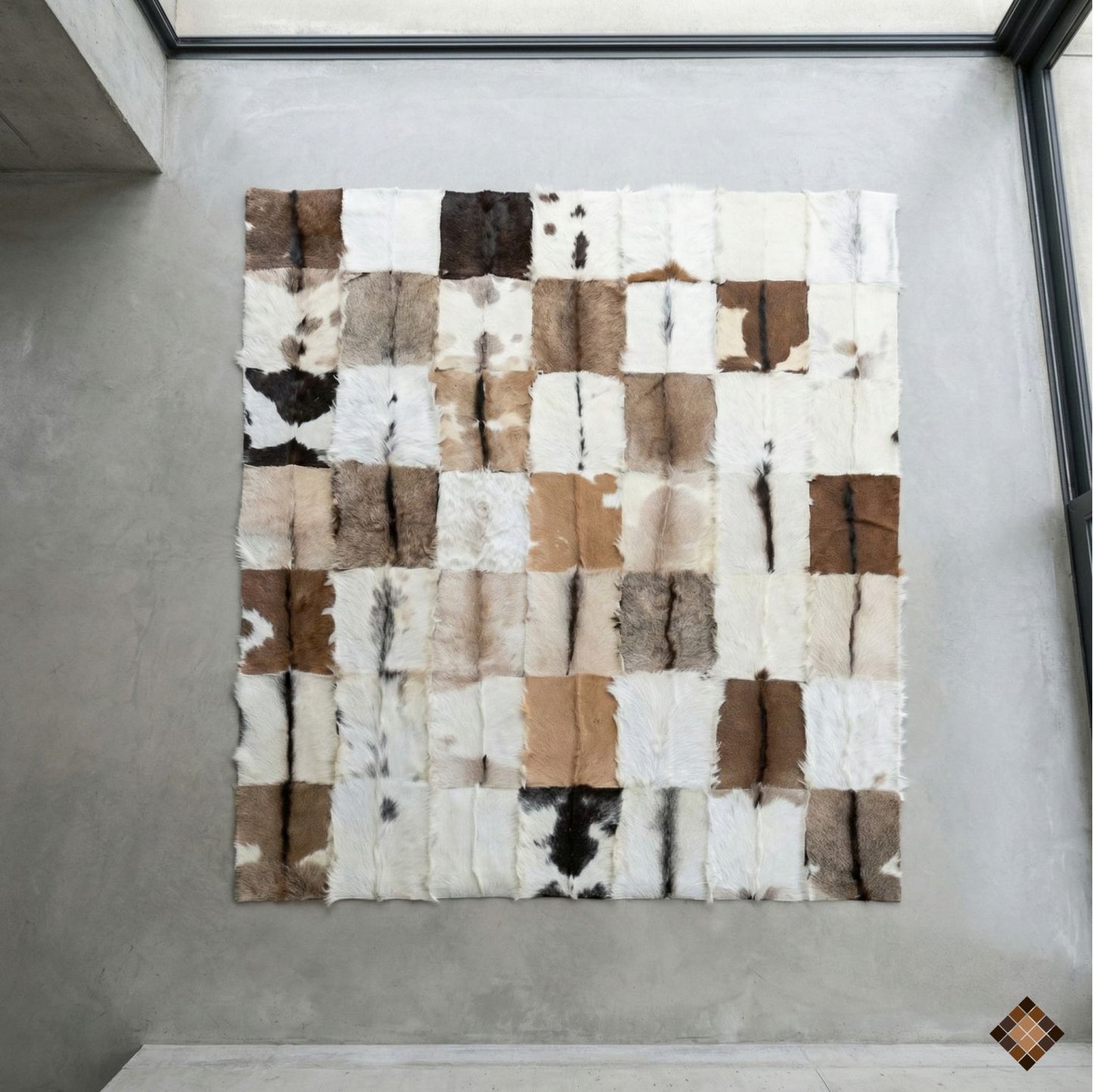 Genuine Goatskin Patchwork Rug with Gold Trim – Handmade Luxury Hide