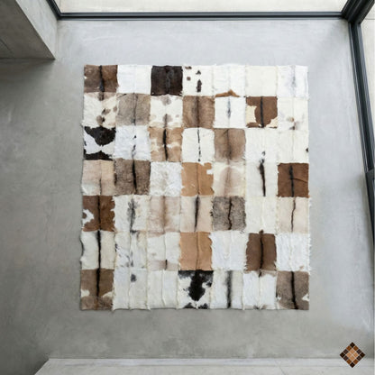Genuine Goatskin Patchwork Rug with Gold Trim – Handmade Luxury Hide