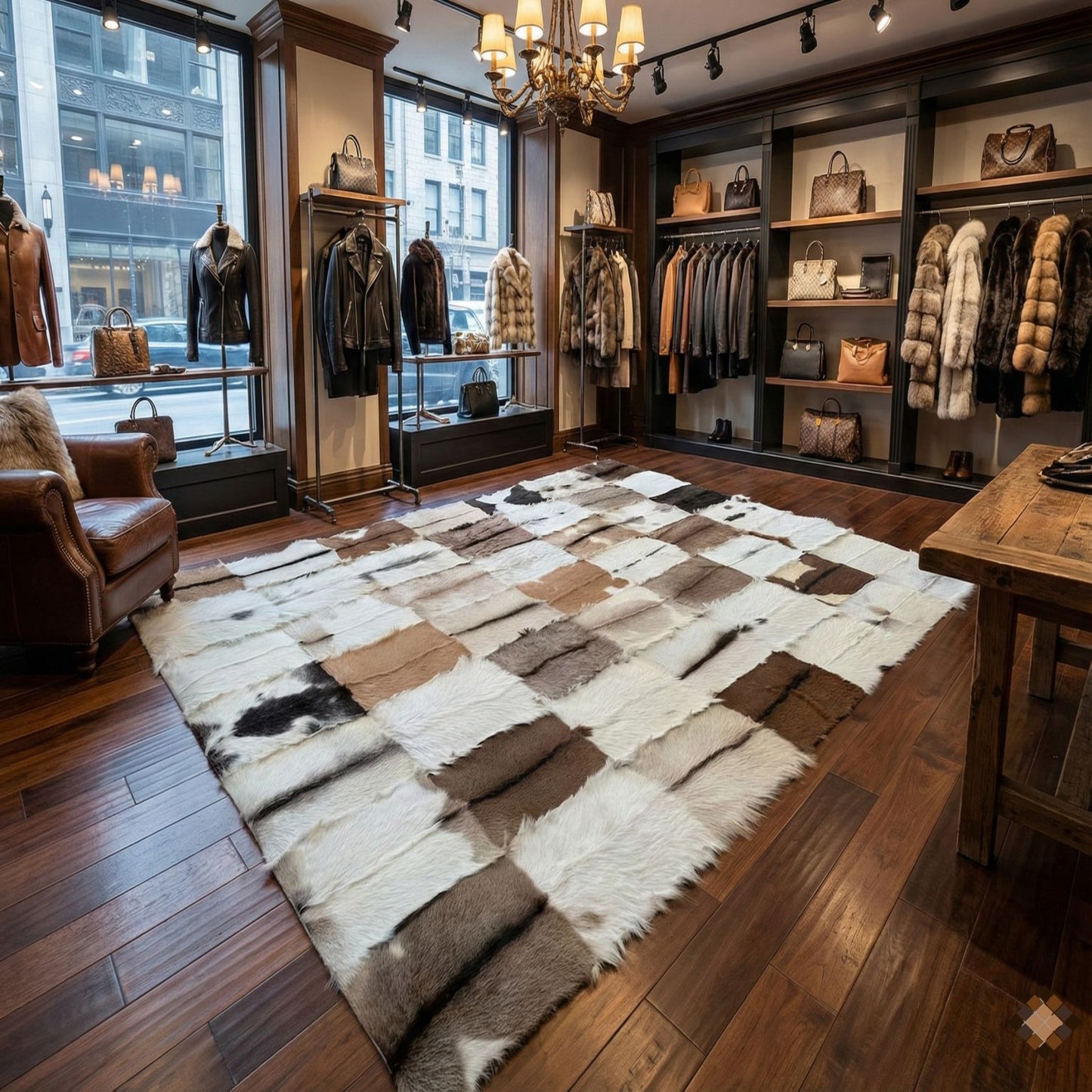 Genuine Goatskin Patchwork Rug with Gold Trim – Handmade Luxury Hide