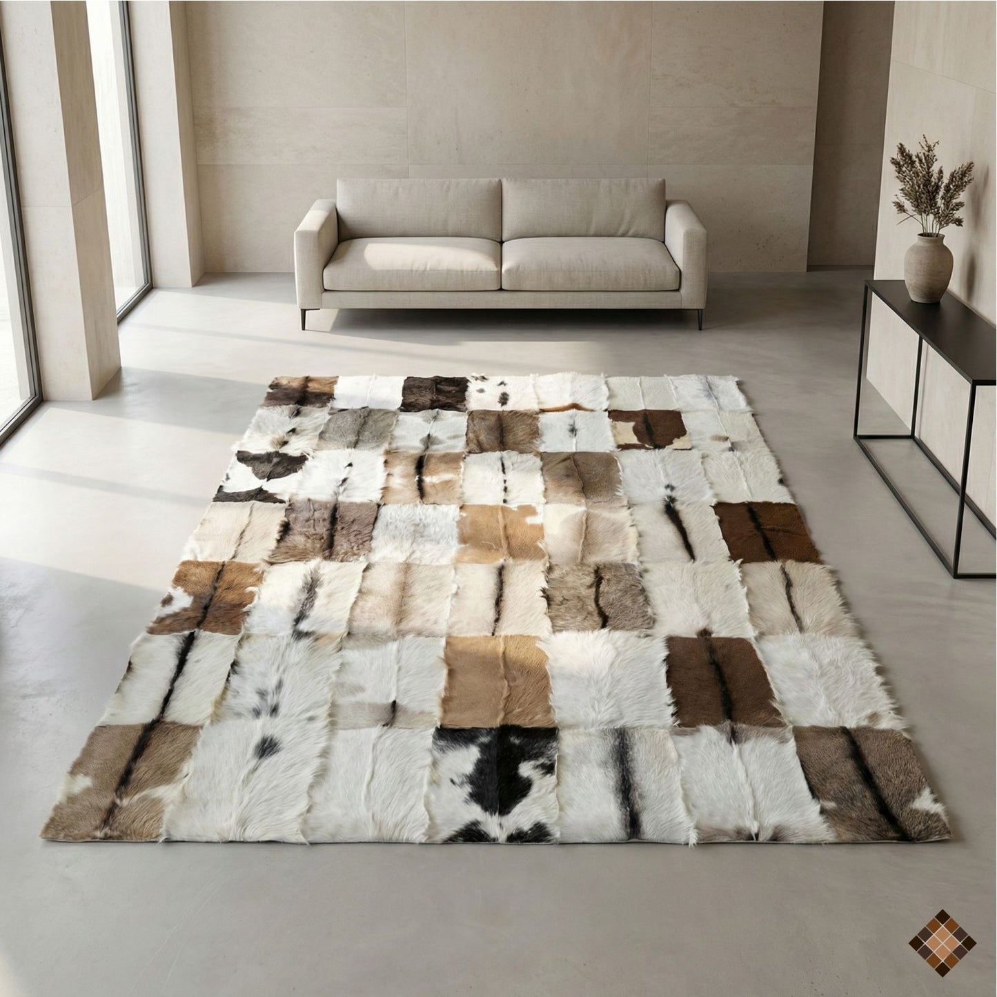 Genuine Goatskin Patchwork Rug with Gold Trim – Handmade Luxury Hide