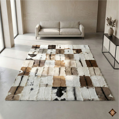 Genuine Goatskin Patchwork Rug with Gold Trim – Handmade Luxury Hide