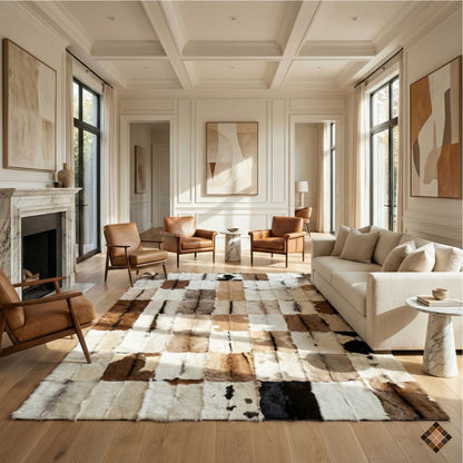 Genuine Goatskin Patchwork Rug with Gold Trim – Handmade Luxury Hide