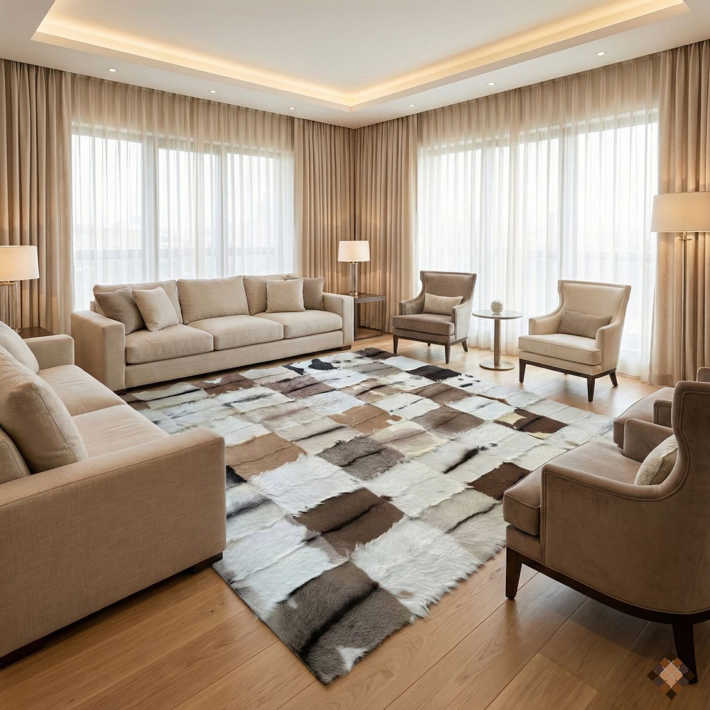 Genuine Goatskin Patchwork Rug with Gold Trim – Handmade Luxury Hide