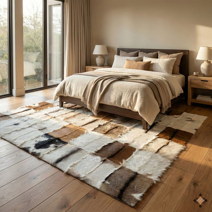 Genuine Goatskin Patchwork Rug with Gold Trim – Handmade Luxury Hide