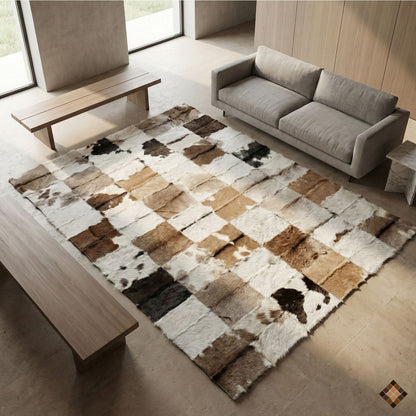 Genuine Goatskin Patchwork Rug with Gold Trim – Handmade Luxury Hide
