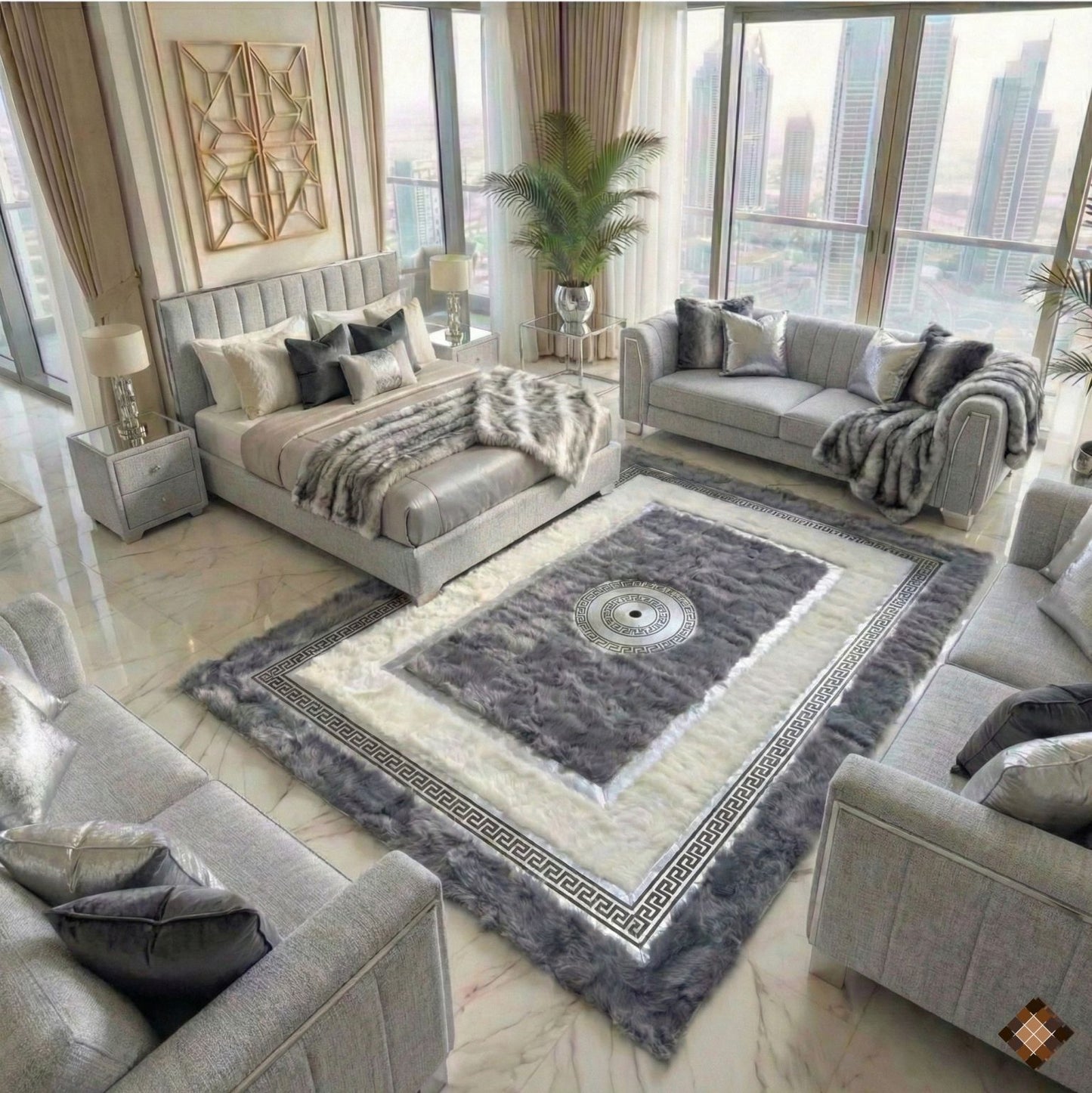 Genuine Grey & Ivory Sheepskin Area Rug with Greek Key Border