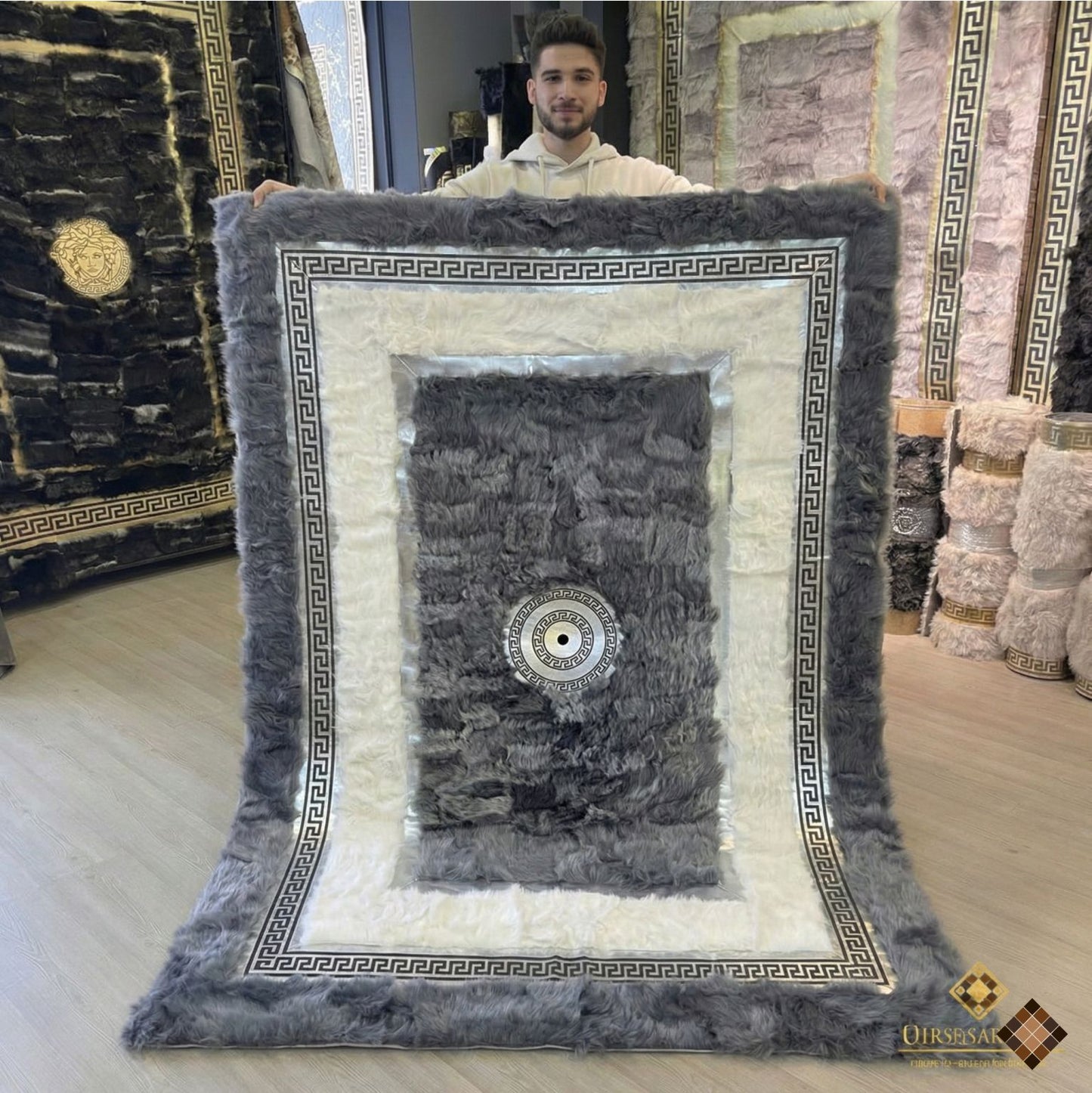 Genuine Grey & Ivory Sheepskin Area Rug with Greek Key Border - WONDERFURRUG