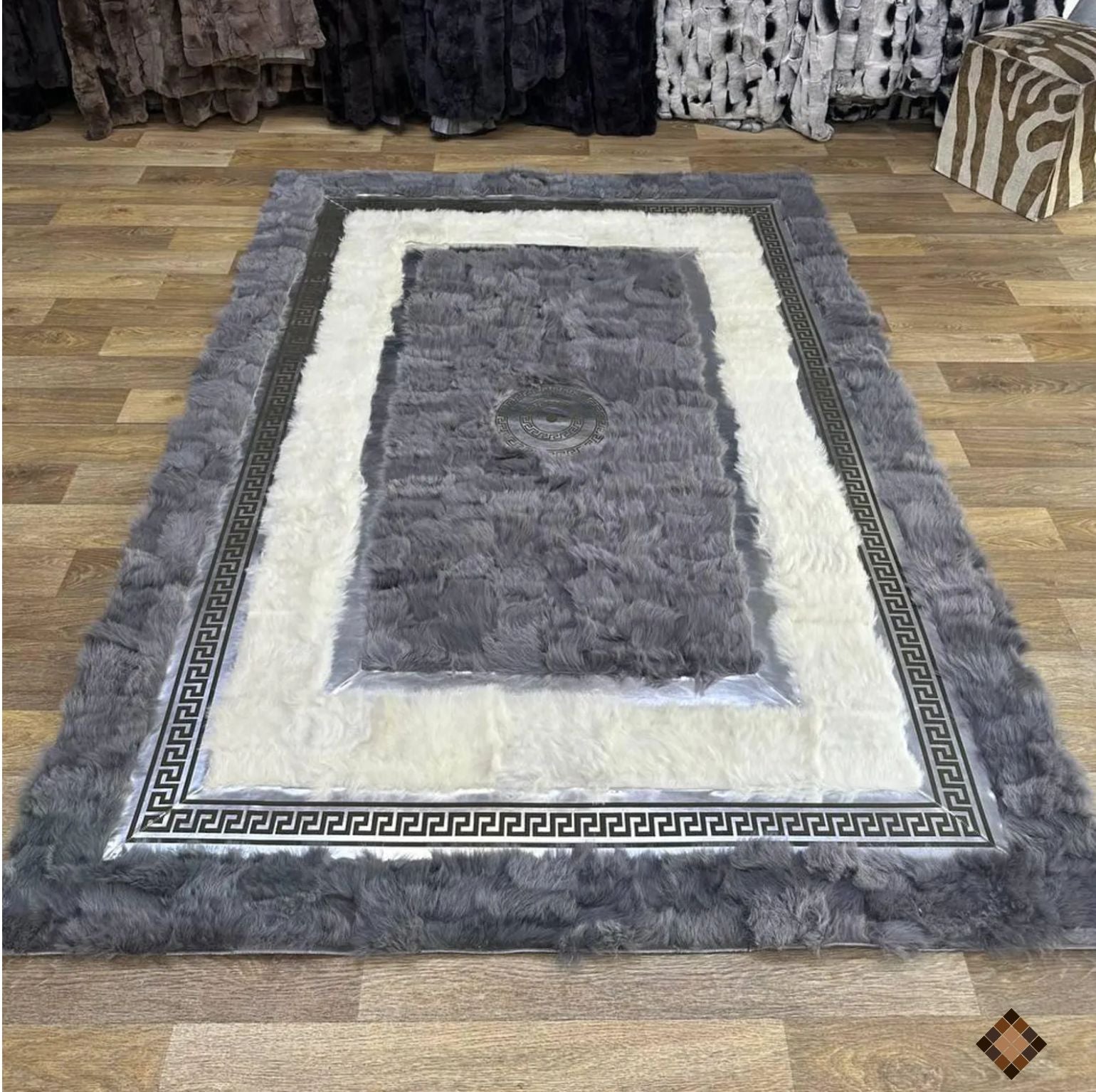 Genuine Grey & Ivory Sheepskin Area Rug with Greek Key Border - WONDERFURRUG