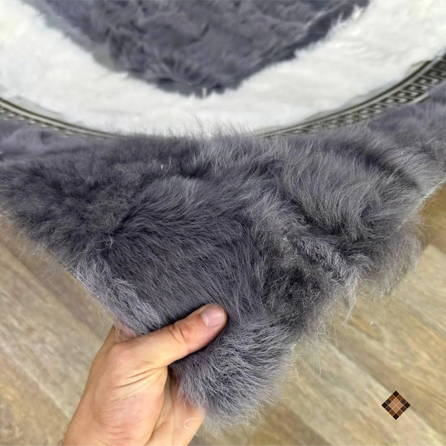 Genuine Grey & Ivory Sheepskin Area Rug with Greek Key Border - WONDERFURRUG
