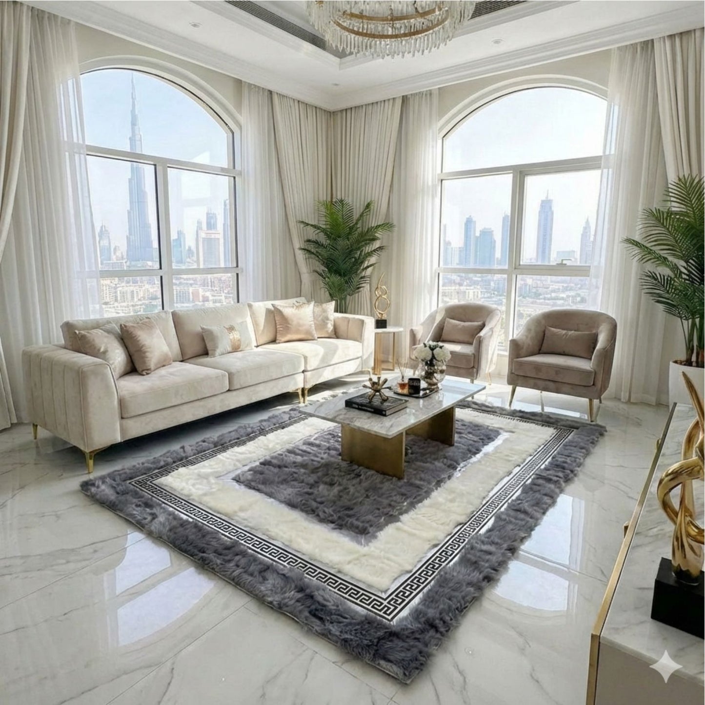 Genuine Grey & Ivory Sheepskin Area Rug with Greek Key Border - WONDERFURRUG