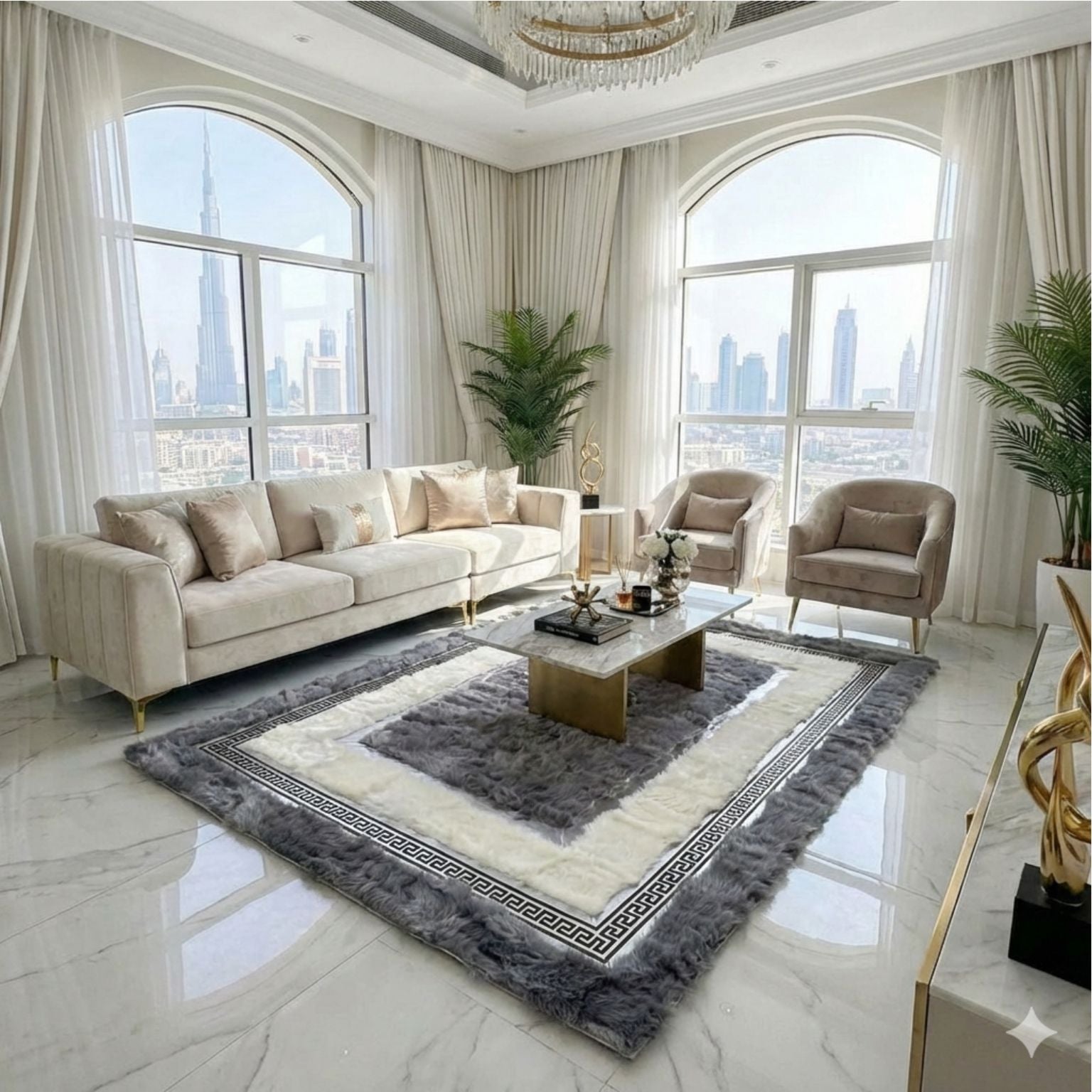 Genuine Grey & Ivory Sheepskin Area Rug with Greek Key Border - WONDERFURRUG
