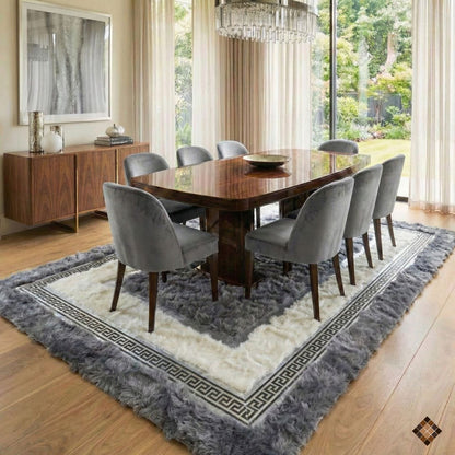 Genuine Grey & Ivory Sheepskin Area Rug with Greek Key Border - WONDERFURRUG
