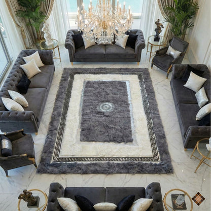 Genuine Grey & Ivory Sheepskin Area Rug with Greek Key Border - WONDERFURRUG