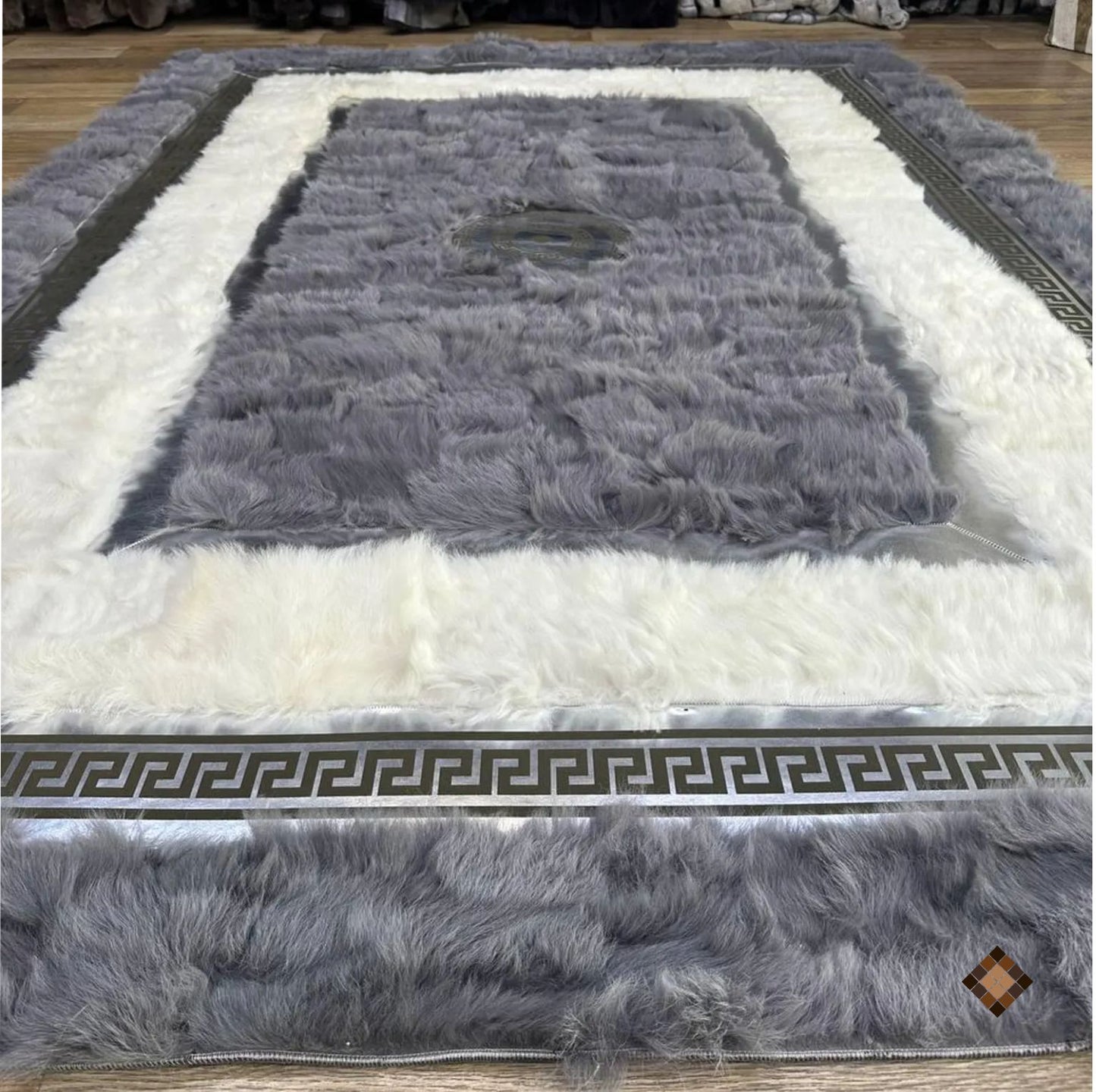 Genuine Grey & Ivory Sheepskin Area Rug with Greek Key Border - WONDERFURRUG