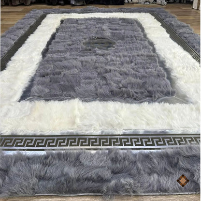Genuine Grey & Ivory Sheepskin Area Rug with Greek Key Border - WONDERFURRUG