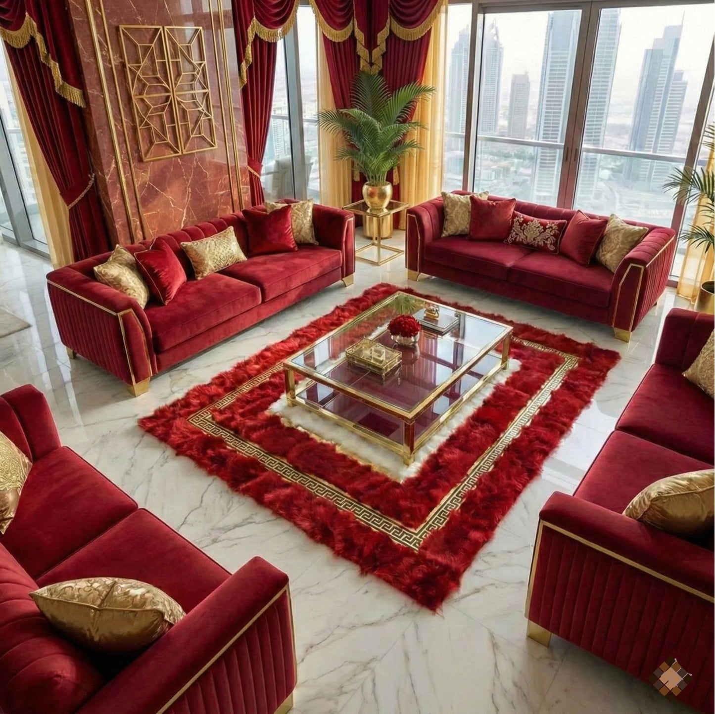 A genuine handmade sheepskin area rug with rich red tones and gold Greek key detail. Soft, luxurious, and custom-made for elegant interiors.