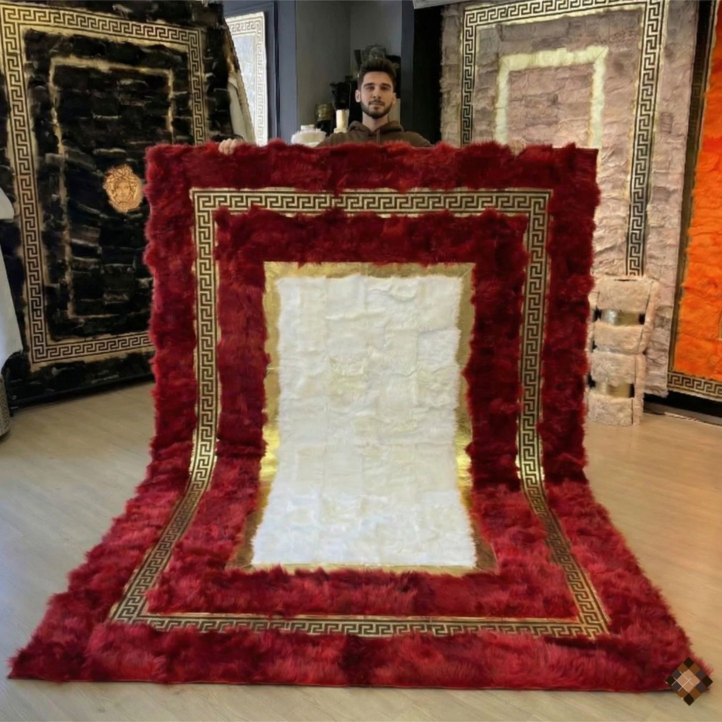 A genuine handmade sheepskin area rug with rich red tones and gold Greek key detail. Soft, luxurious, and custom-made for elegant interiors.