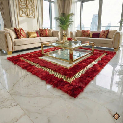Genuine Handmade Sheepskin Area Rug with Red Border & Gold Greek Key Accent