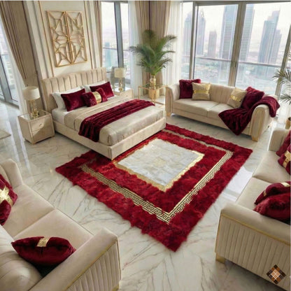 Genuine Handmade Sheepskin Area Rug with Red Border & Gold Greek Key Accent