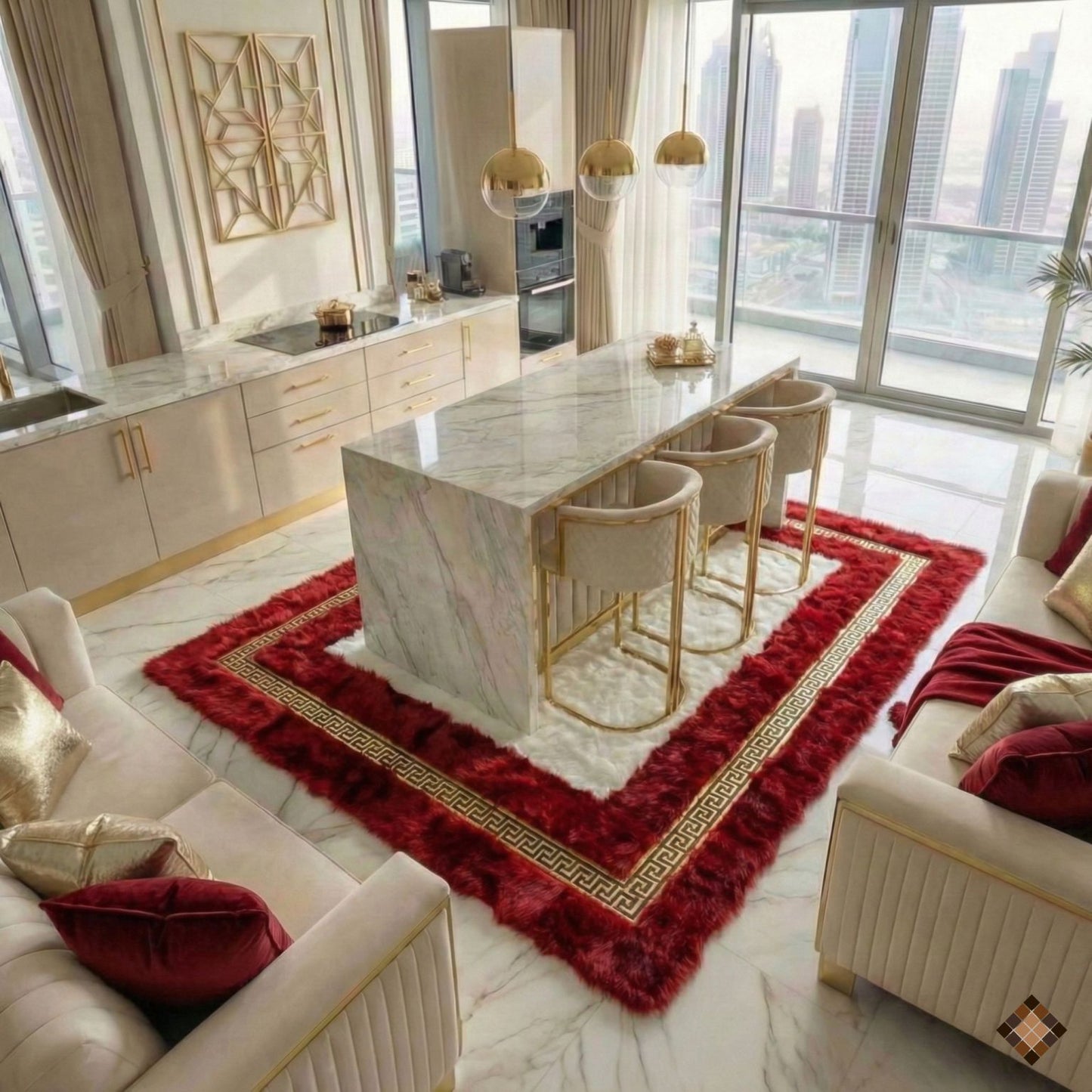 Genuine Handmade Sheepskin Area Rug with Red Border & Gold Greek Key Accent