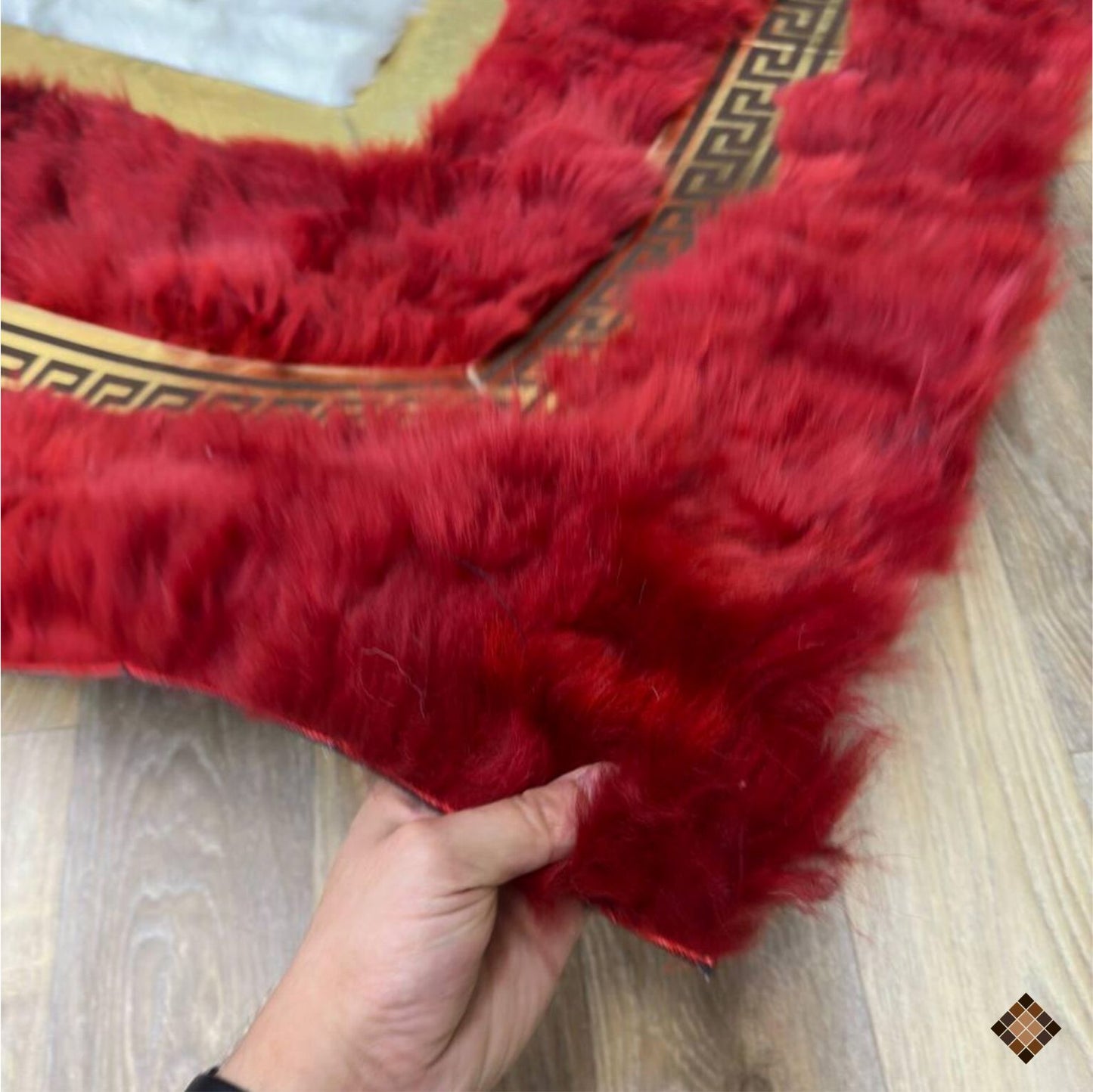 Genuine Handmade Sheepskin Area Rug with Red Border & Gold Greek Key Accent