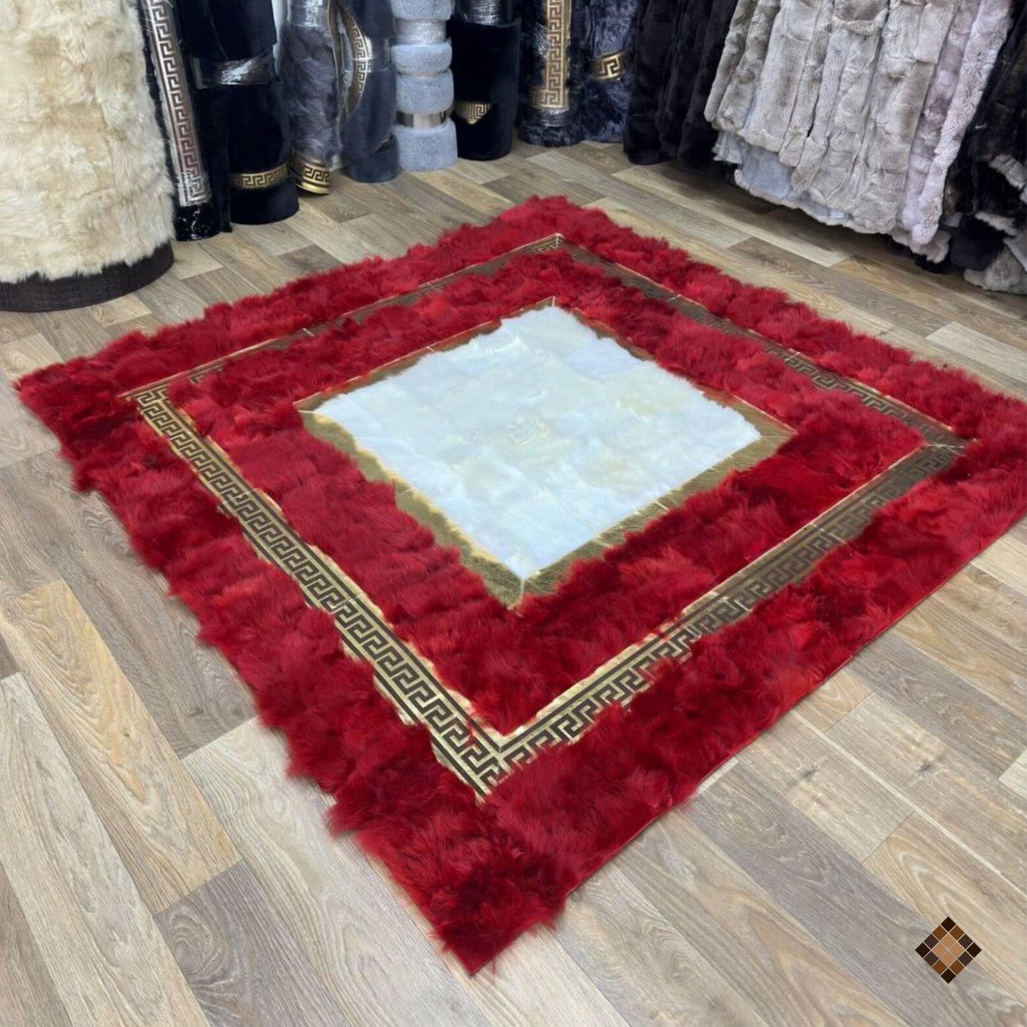 Genuine Handmade Sheepskin Area Rug with Red Border & Gold Greek Key Accent