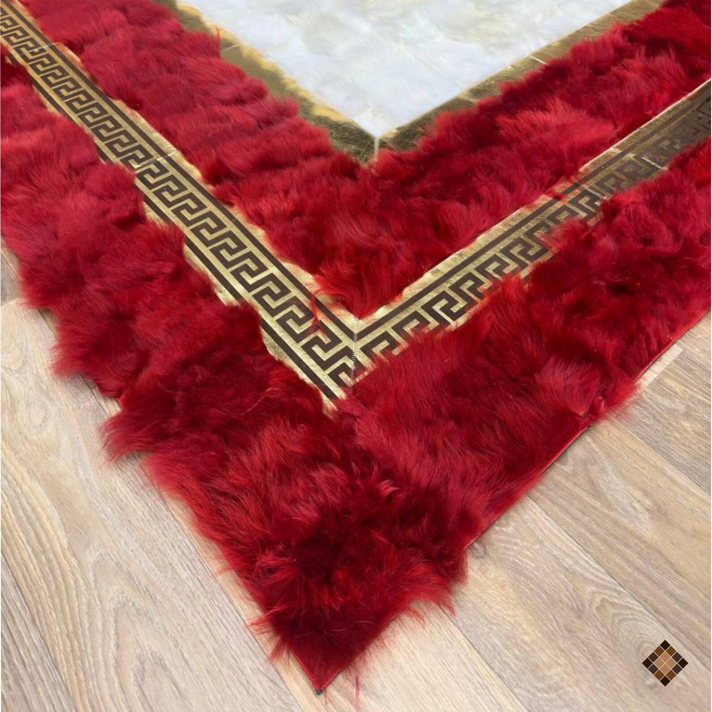Genuine Handmade Sheepskin Area Rug with Red Border & Gold Greek Key Accent
