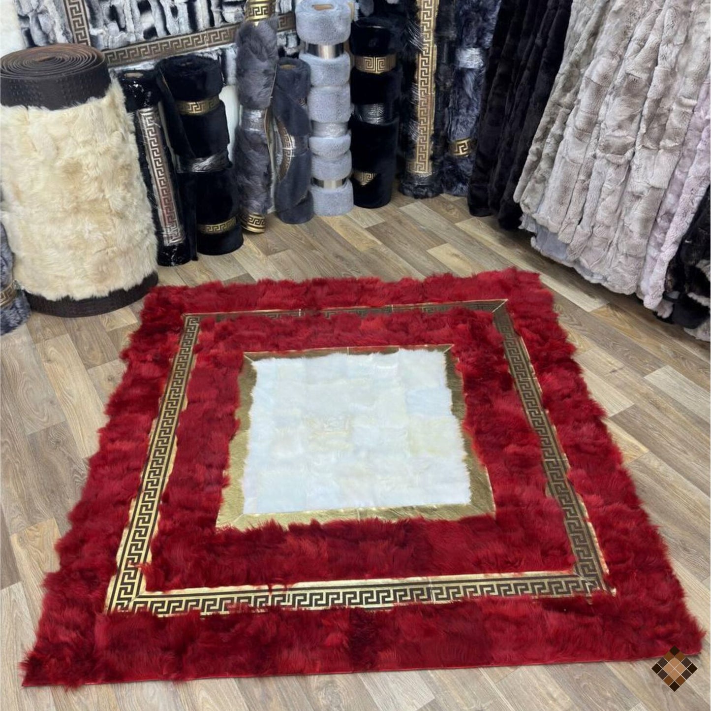 Genuine Handmade Sheepskin Area Rug with Red Border & Gold Greek Key Accent