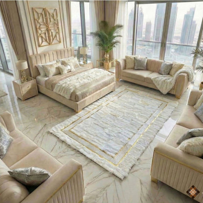 Genuine Handmade White Sheepskin Area Rug with Elegant Gold Border
