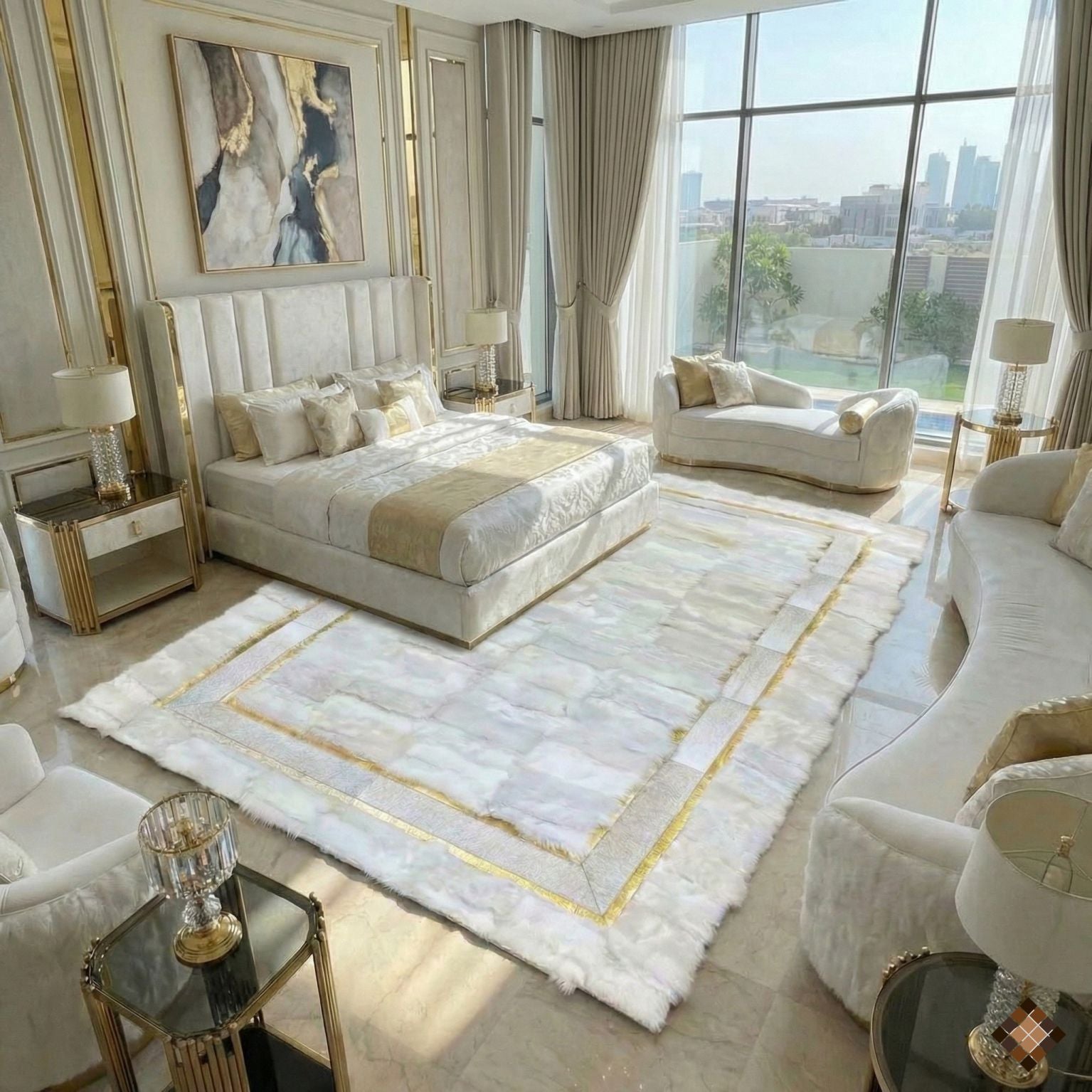 Genuine White Sheepskin Area Rug with Gold Border | Handmade Luxury