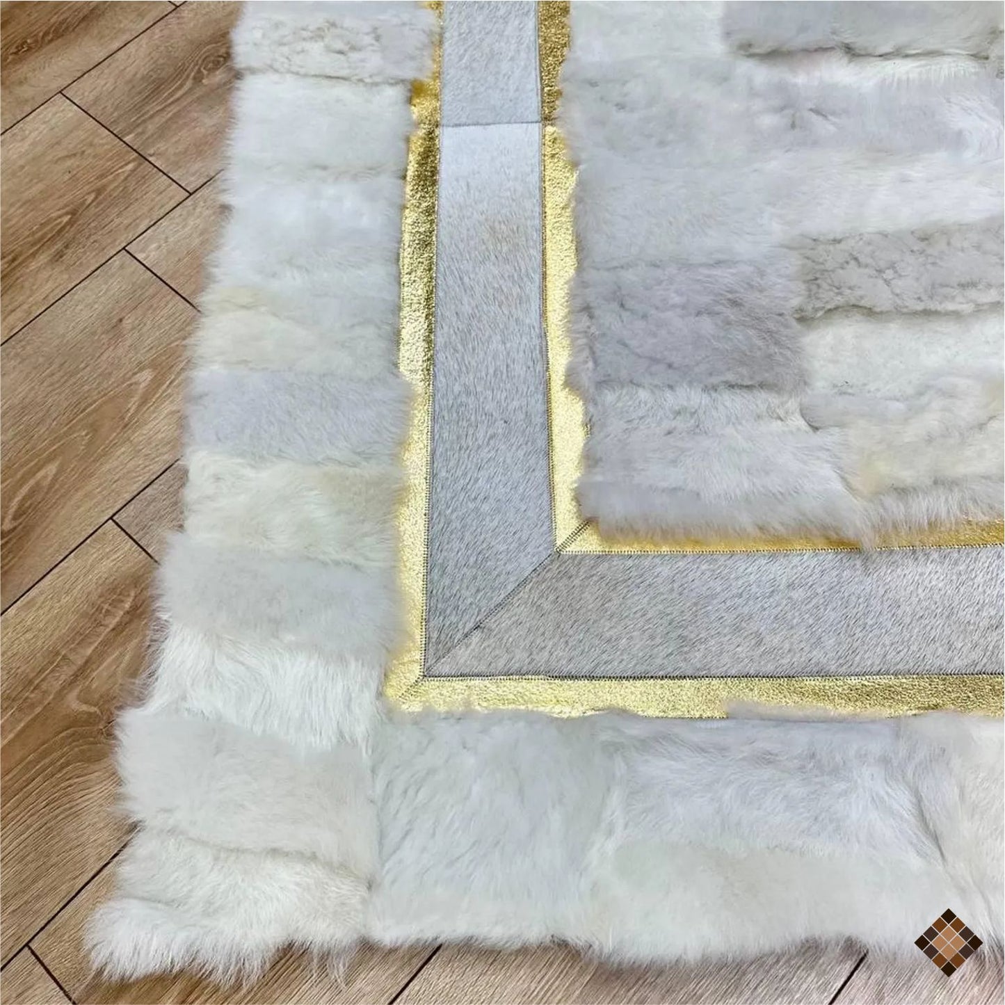 Genuine Handmade White Sheepskin Area Rug with Elegant Gold Border