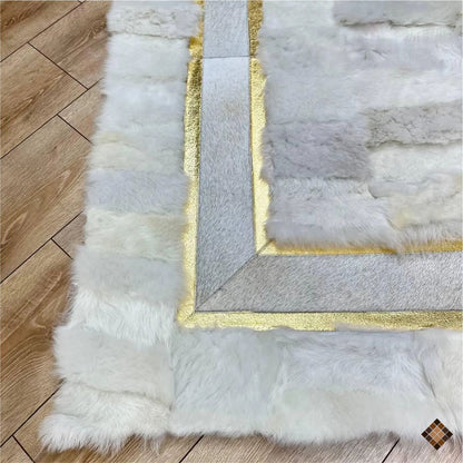 Genuine Handmade White Sheepskin Area Rug with Elegant Gold Border