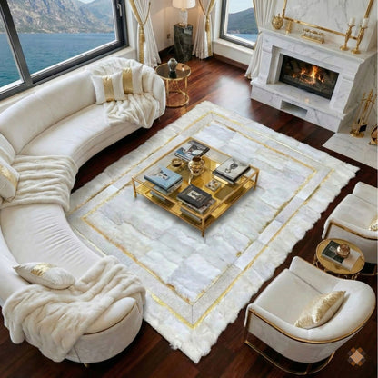 Genuine Handmade White Sheepskin Area Rug with Elegant Gold Border