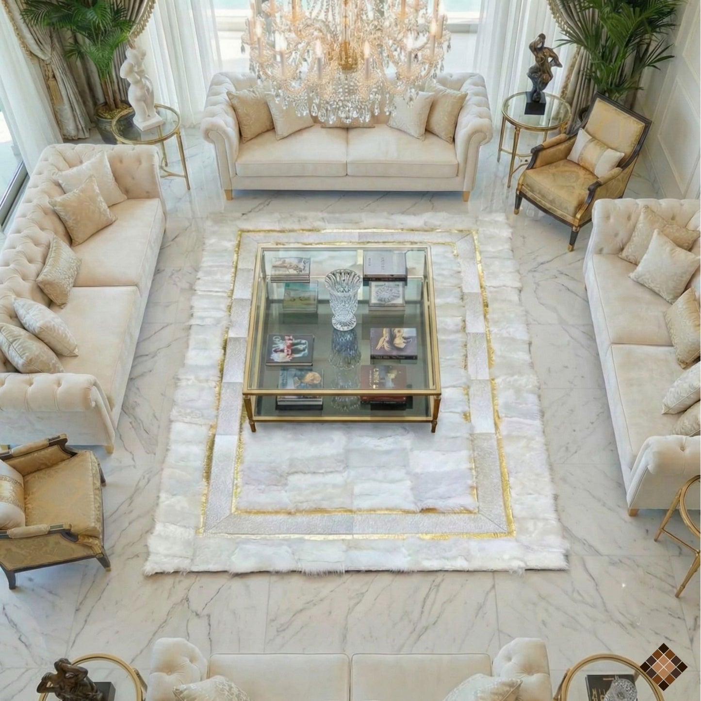 Genuine Handmade White Sheepskin Area Rug with Elegant Gold Border