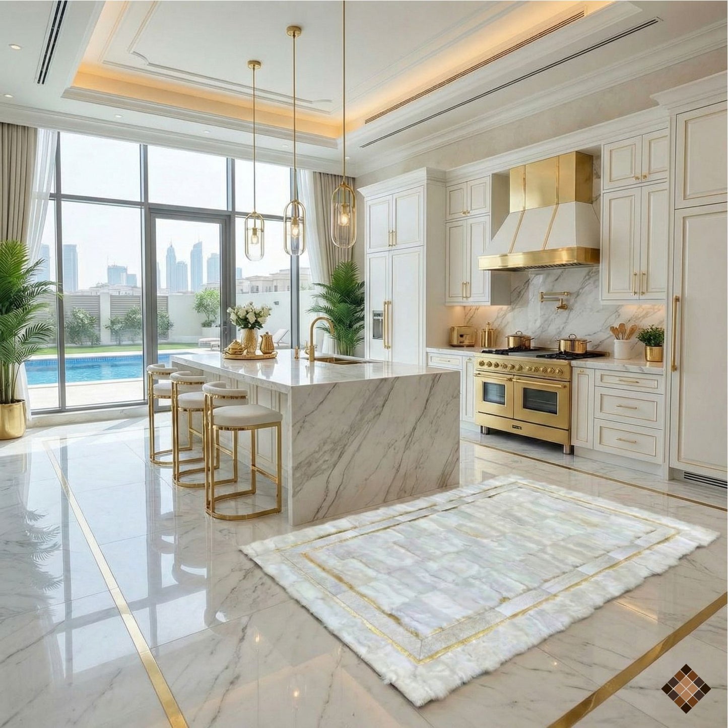 Genuine Handmade White Sheepskin Area Rug with Elegant Gold Border