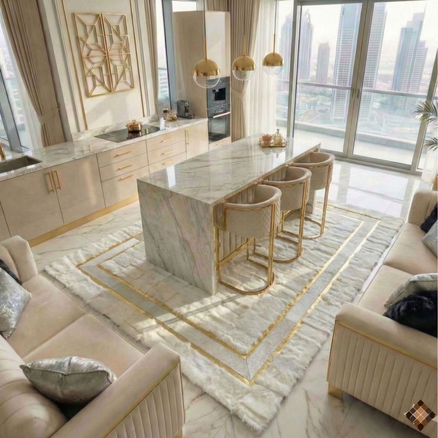 Genuine Handmade White Sheepskin Area Rug with Elegant Gold Border