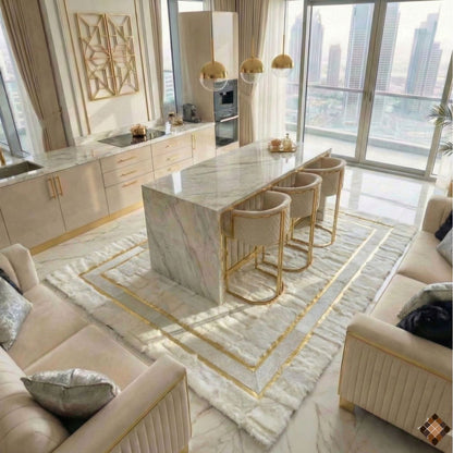 Genuine Handmade White Sheepskin Area Rug with Elegant Gold Border