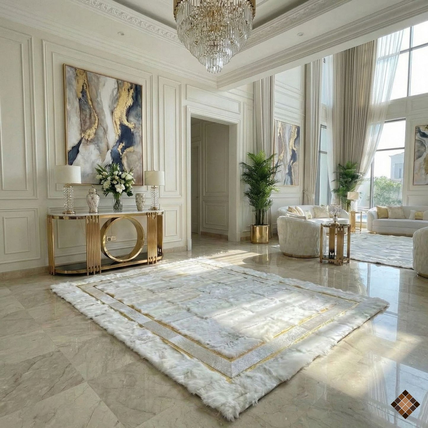 Genuine Handmade White Sheepskin Area Rug with Elegant Gold Border