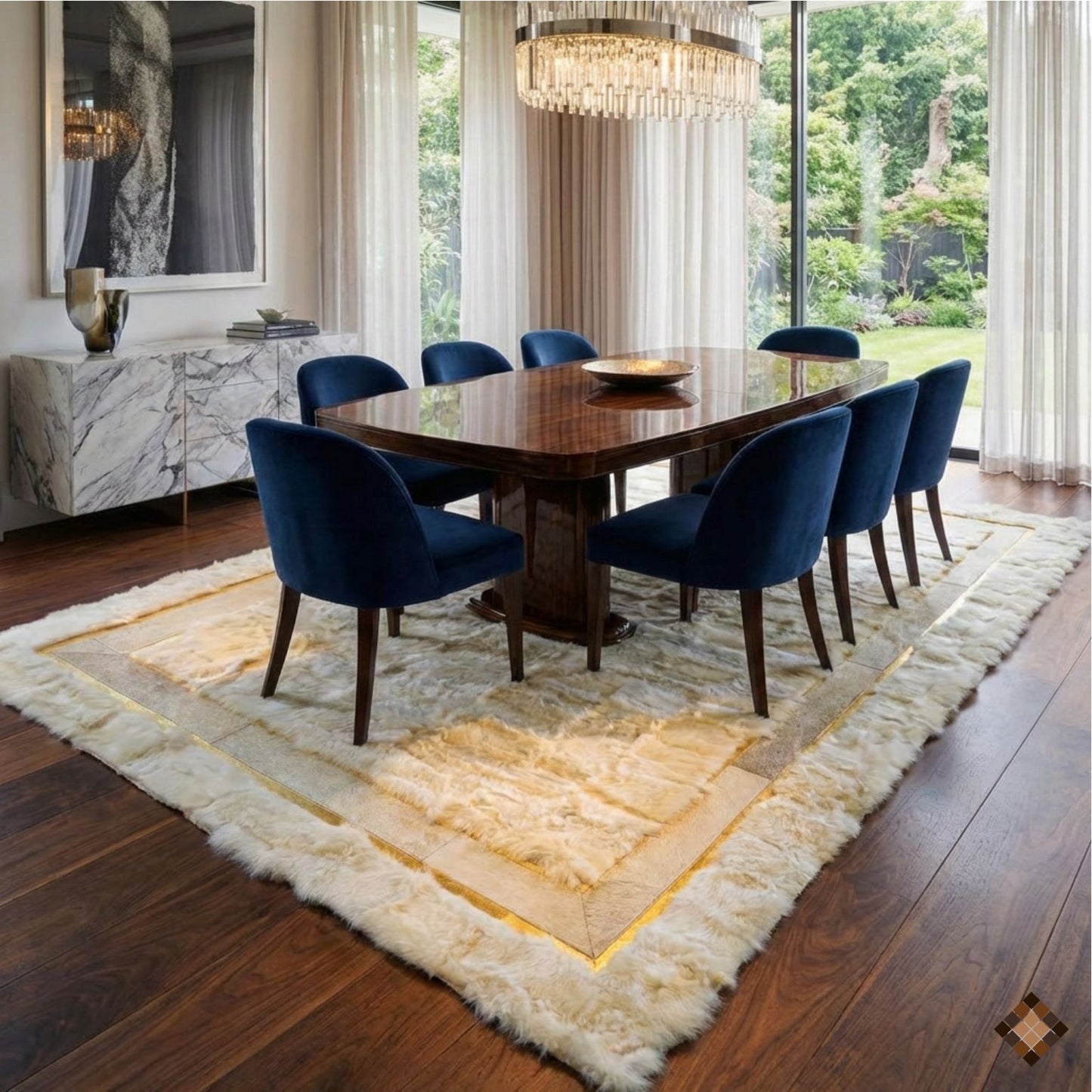 Genuine Handmade White Sheepskin Area Rug with Elegant Gold Border
