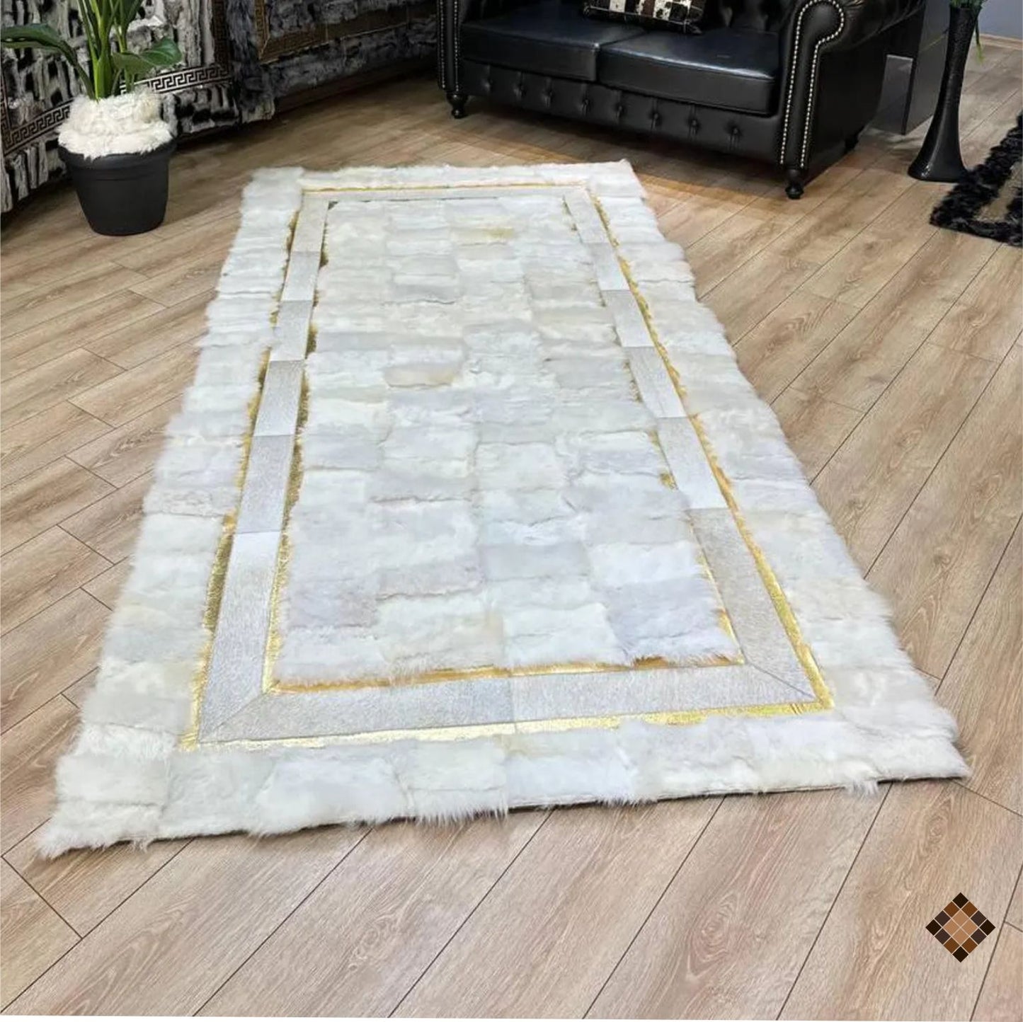 Genuine Handmade White Sheepskin Area Rug with Elegant Gold Border