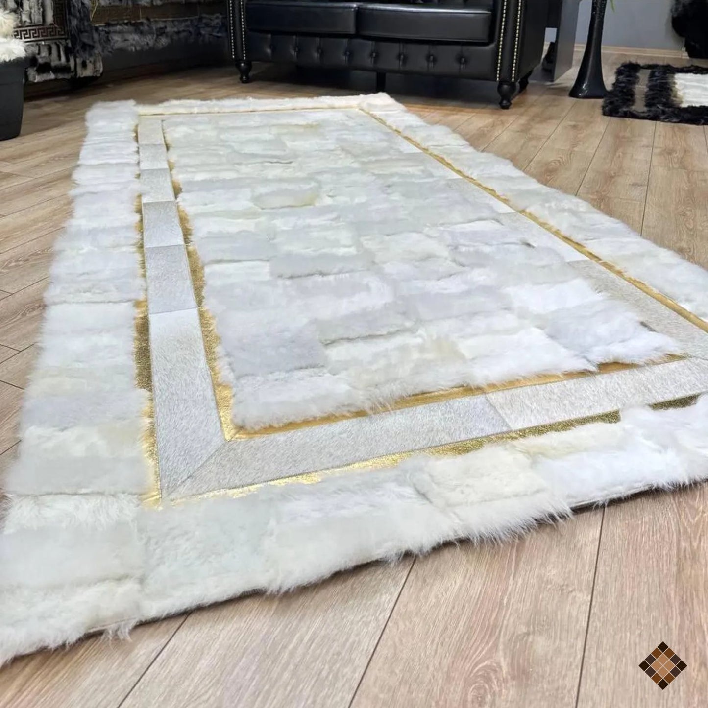 Genuine Handmade White Sheepskin Area Rug with Elegant Gold Border