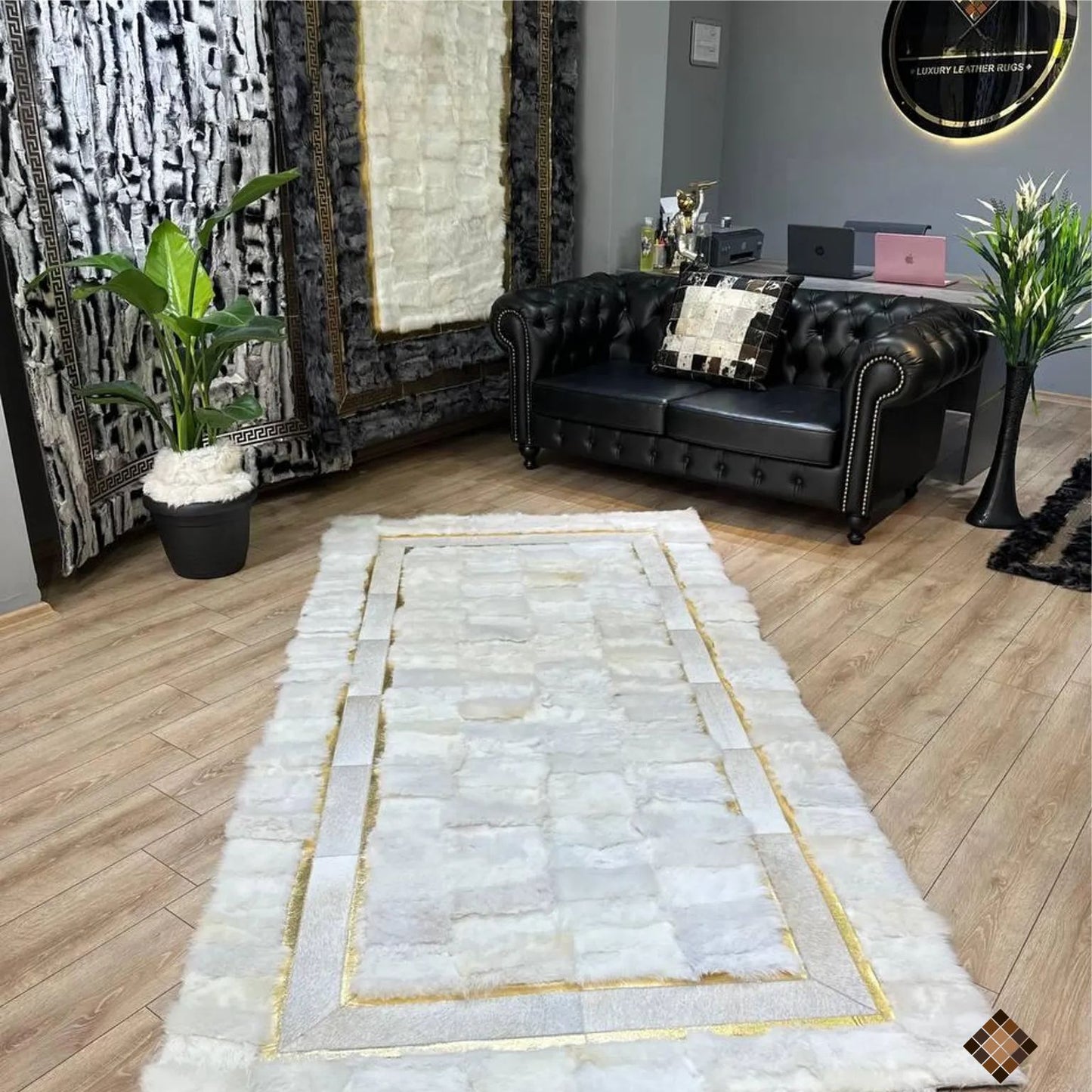 Genuine Handmade White Sheepskin Area Rug with Elegant Gold Border