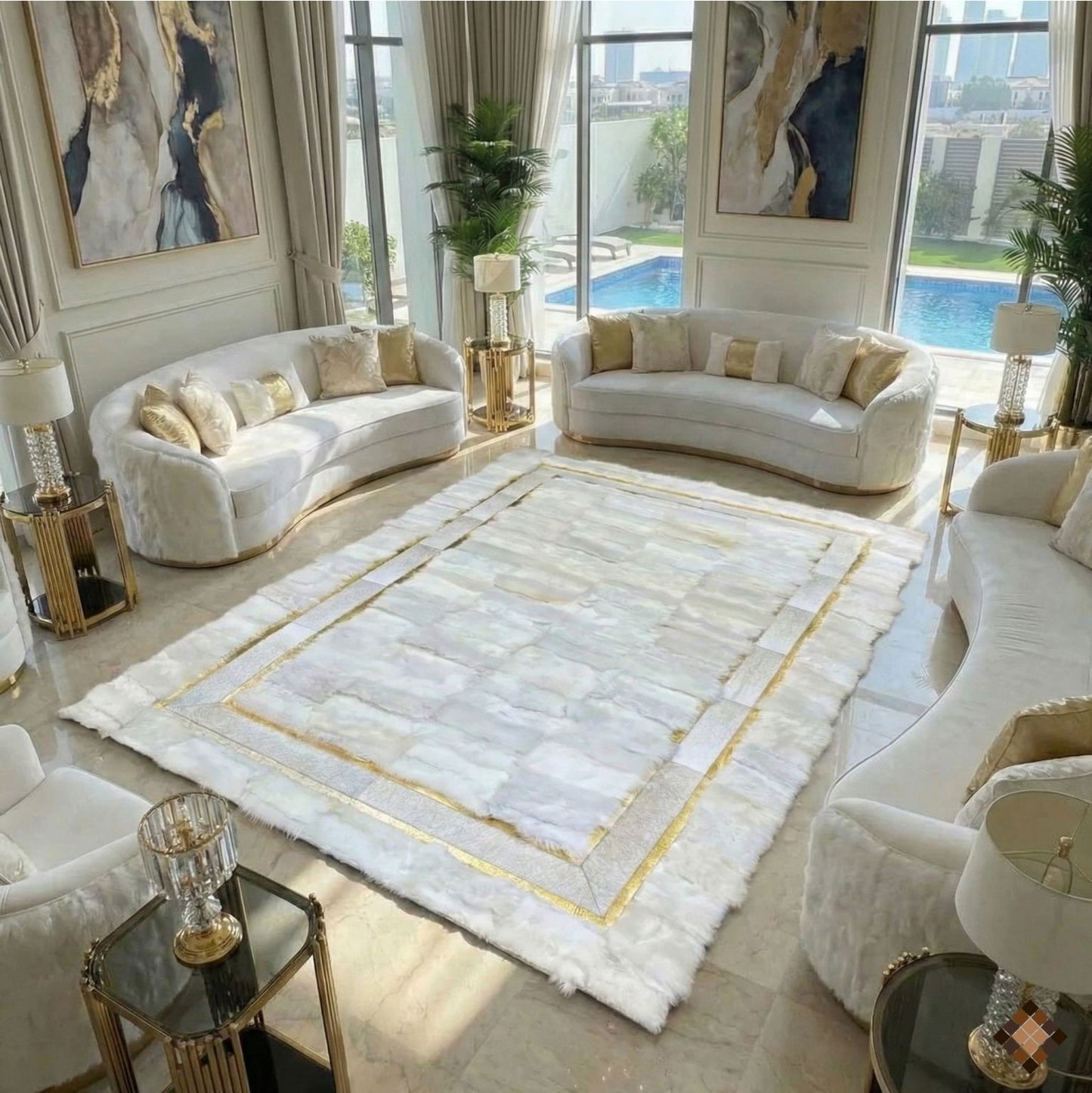 Genuine Handmade White Sheepskin Area Rug with Elegant Gold Border
