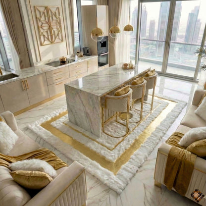 Genuine Ivory Sheepskin Area Rug with Elegant Gold Frame Accents - WONDERFURRUG