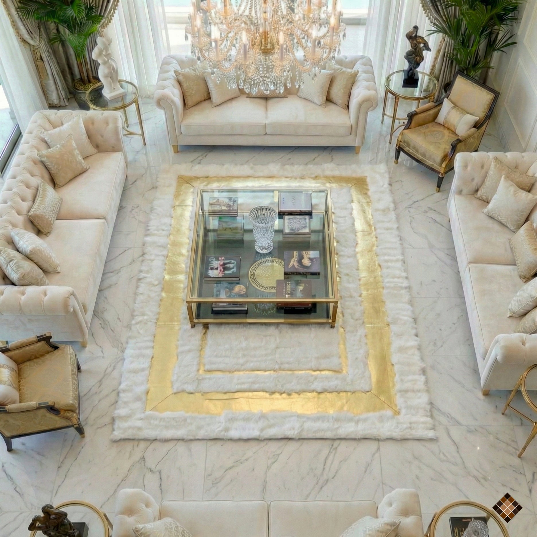 Genuine Ivory Sheepskin Area Rug with Elegant Gold Frame Accents - WONDERFURRUG
