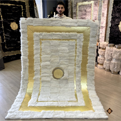 Genuine Ivory Sheepskin Area Rug with Elegant Gold Frame Accents - WONDERFURRUG