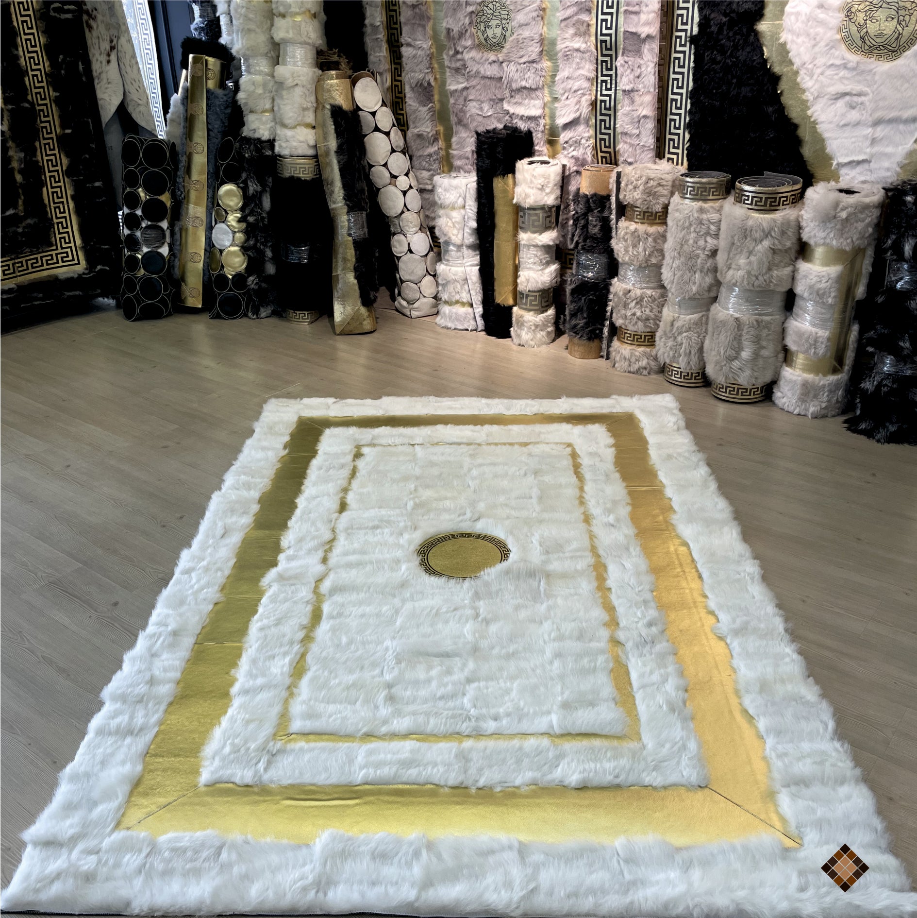 Genuine Ivory Sheepskin Area Rug with Elegant Gold Frame Accents - WONDERFURRUG