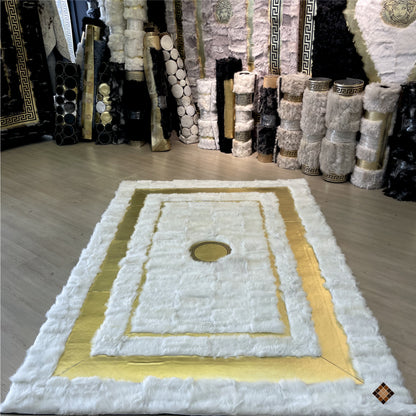 Genuine Ivory Sheepskin Area Rug with Elegant Gold Frame Accents - WONDERFURRUG